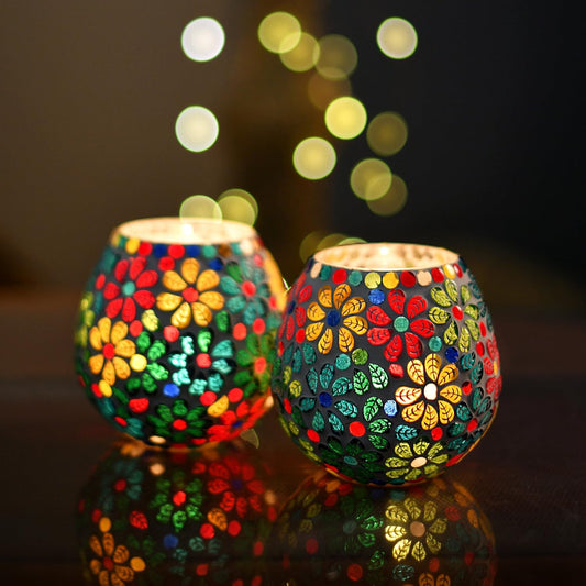 Mosaic Glass Vintage Tealight Votive Candle Holders Pack of 2 | Diwali Home Decor, Pooja, Made in India