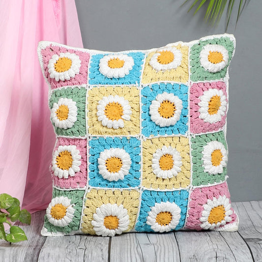 Hand-Crocheted Boho Floral Cushion Cover - Premium Cotton – 16x16 in