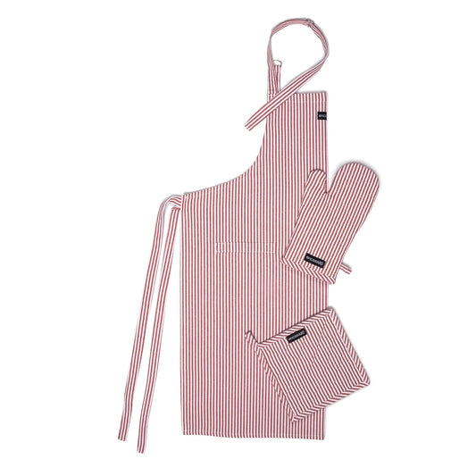Kitchen Apron, Oven Glove & Potholder Set – Culinary Textiles – 100% Cotton, Heat Resistant – 3 Pcs