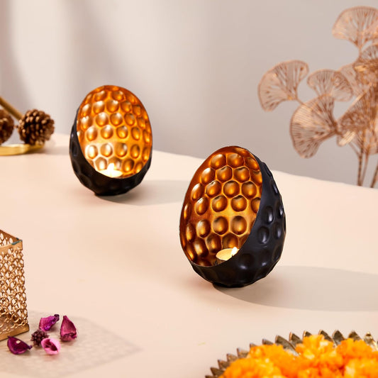 Elegant Oval Diamond Black Iron Gold Handcrafted Tea Light Votive Holders Set of 2 | Candle Holder, Home Decor, Diwali, Christmas