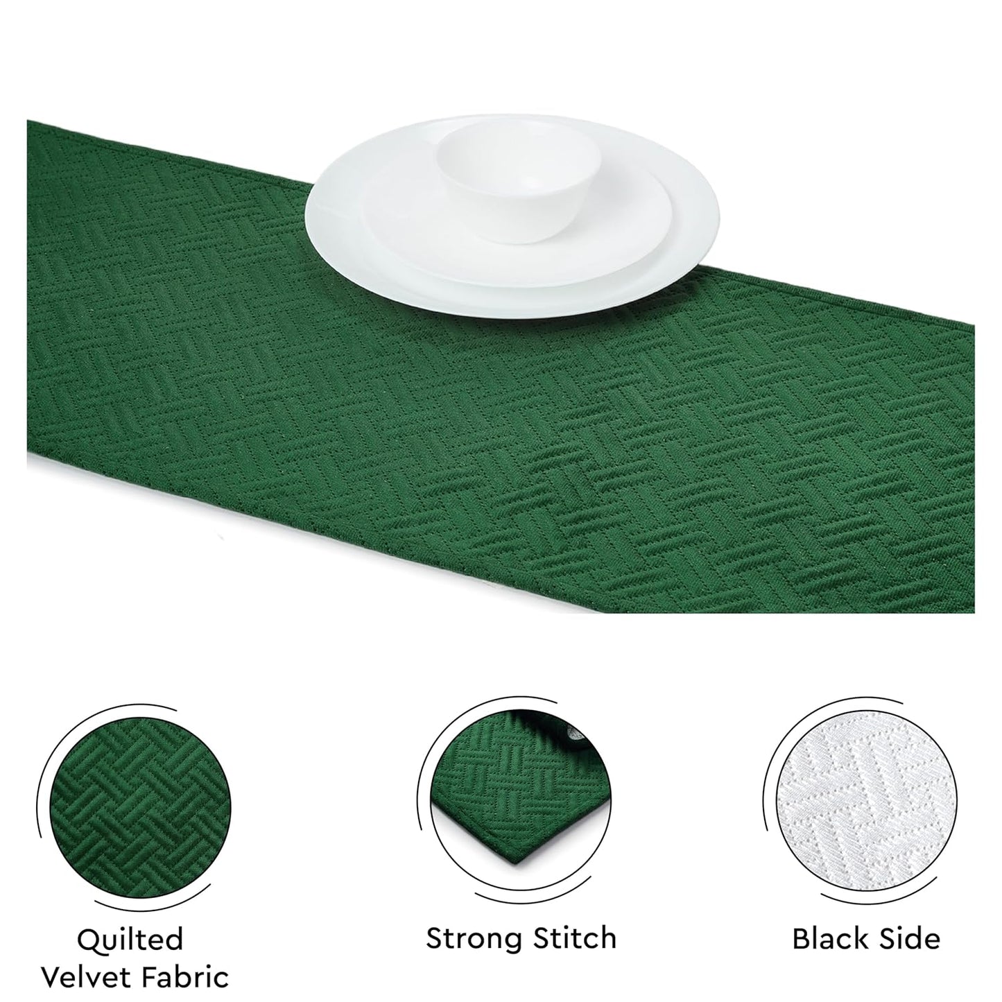 Forest Green Quilted Velvet Dining Table Runner 32x150 cm for 4-6 Seater | Machine Washable, Home Decor, Kitchen Linens