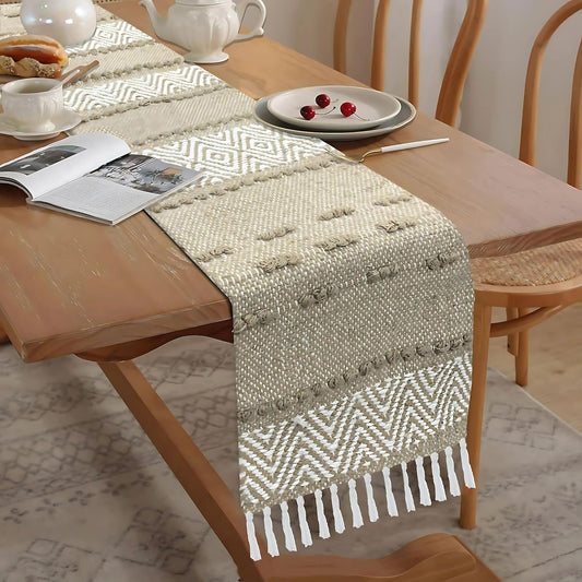 Elegant Woven Zig Zag Table Runner, Beige White Tassels, Cotton Jute Blend 13x74 Inch | Dining Table Decor, Centerpiece, Home Kitchen