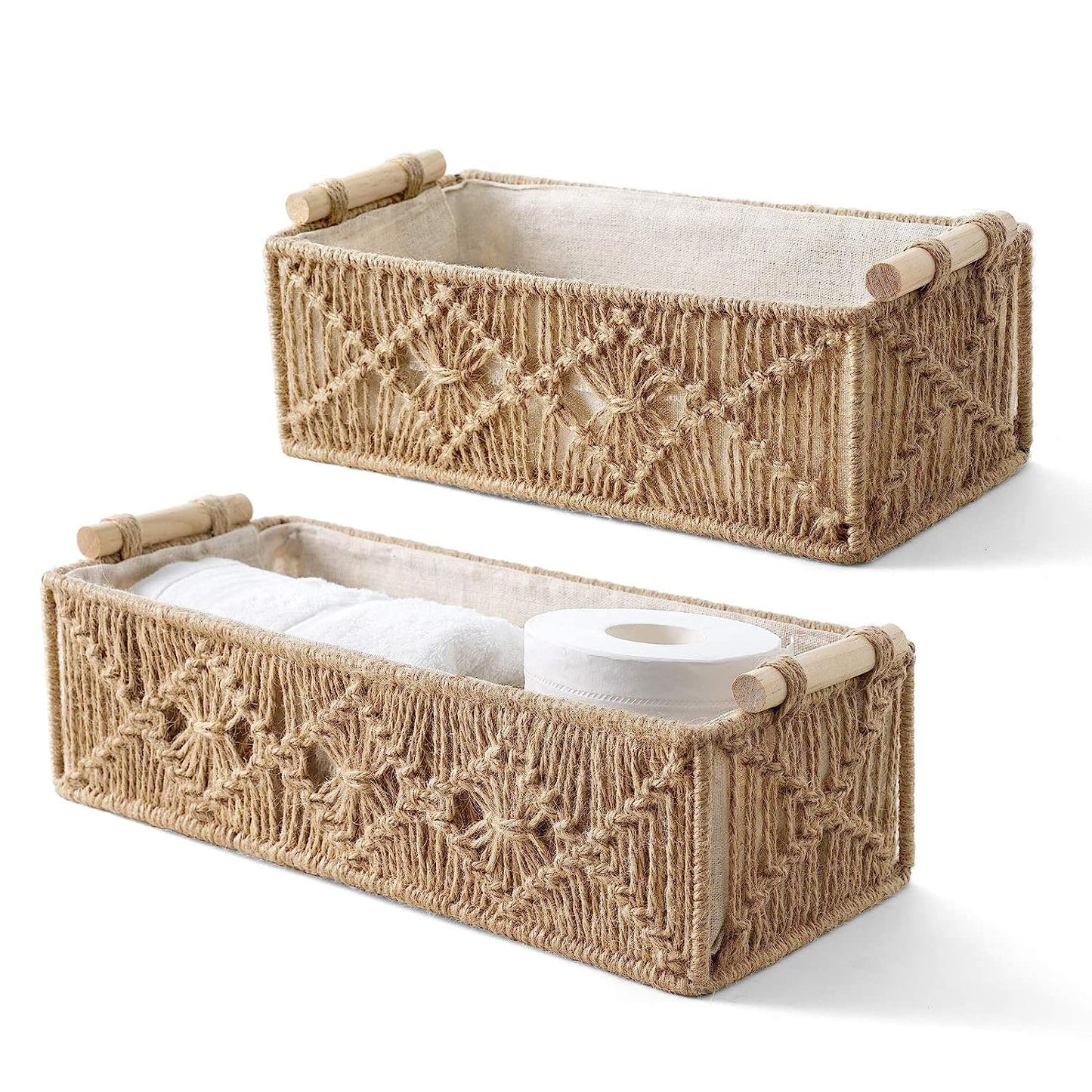 Handwoven Macrame Storage Baskets – Lined Woven Wooden Handle - 2pc