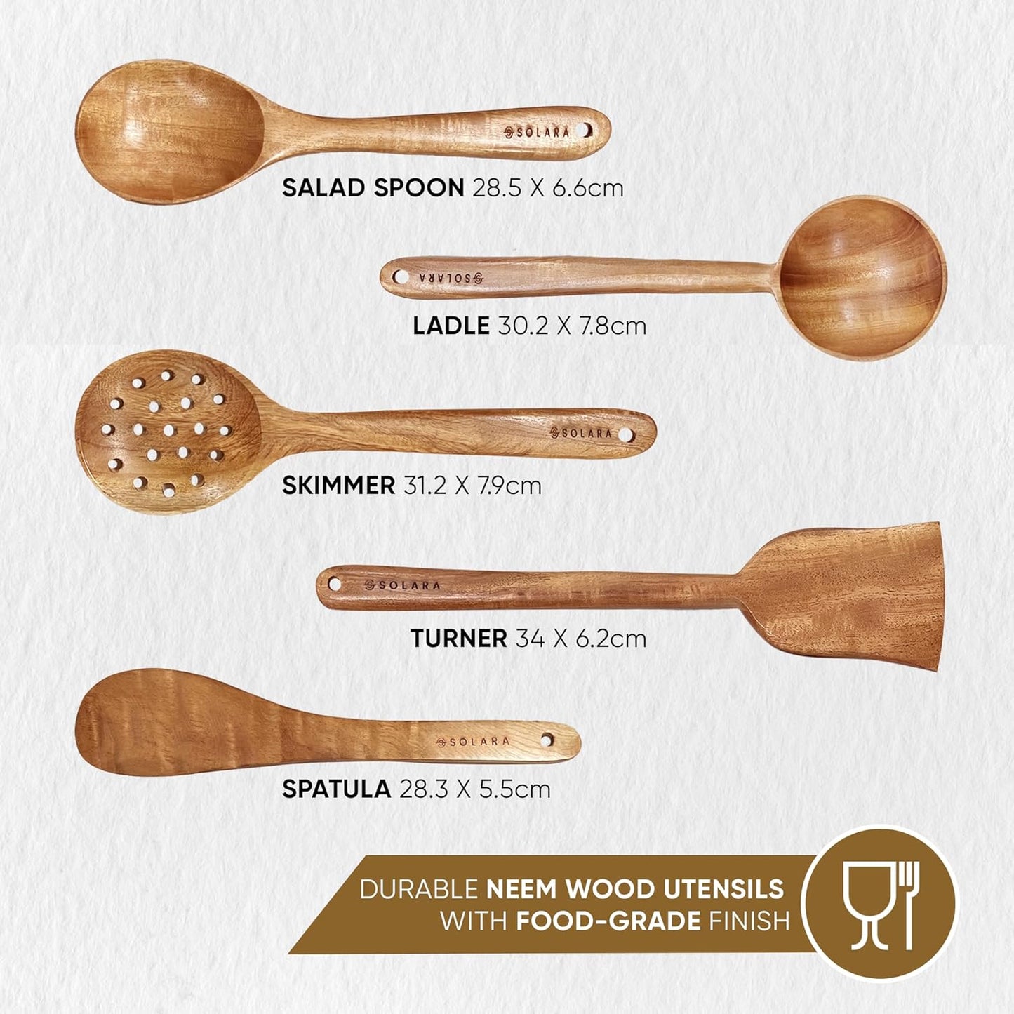 Neem Wood Spatula Set – Kitchen Utensils – Non-Stick Cookware Safe – 5-Piece