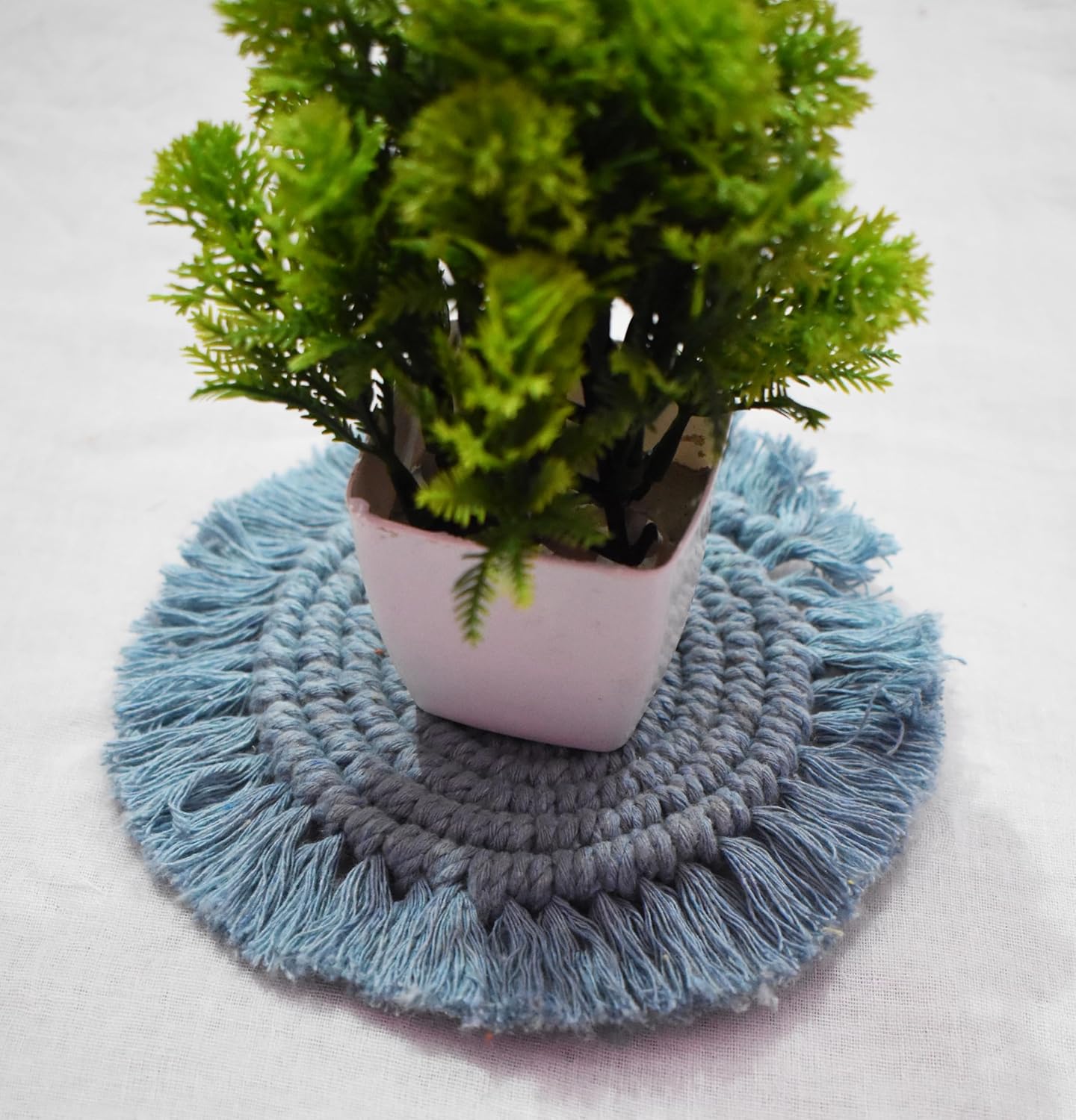 Light Blue Macrame Handwoven Cotton Coaster Set – 6" Diameter, 2-Pack
