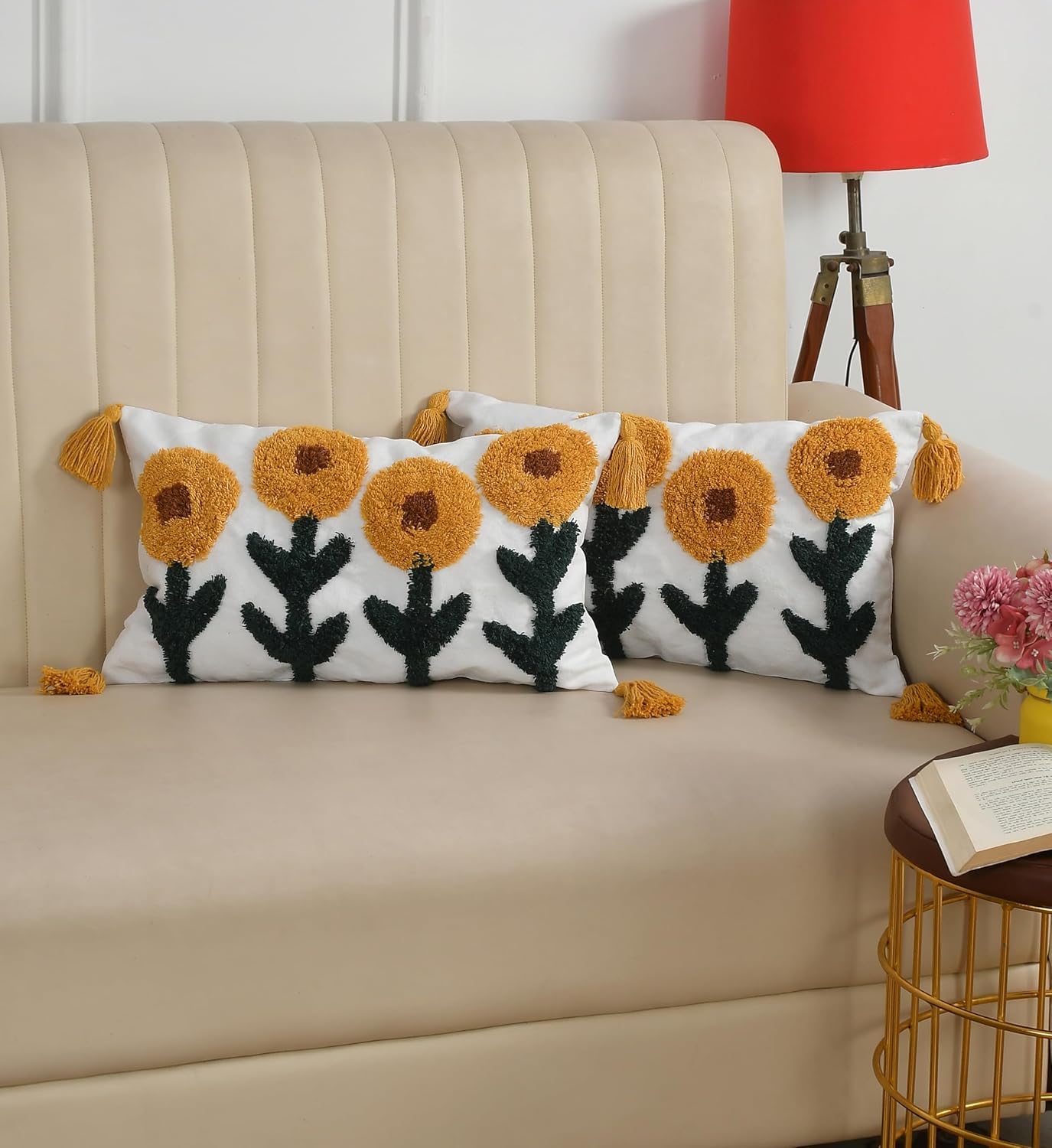 Bohemian Tufted Sunflower Cushion Cover 12x20 inch Pack of 2 | Decorative Sofa Bed Throw Pillowcases
