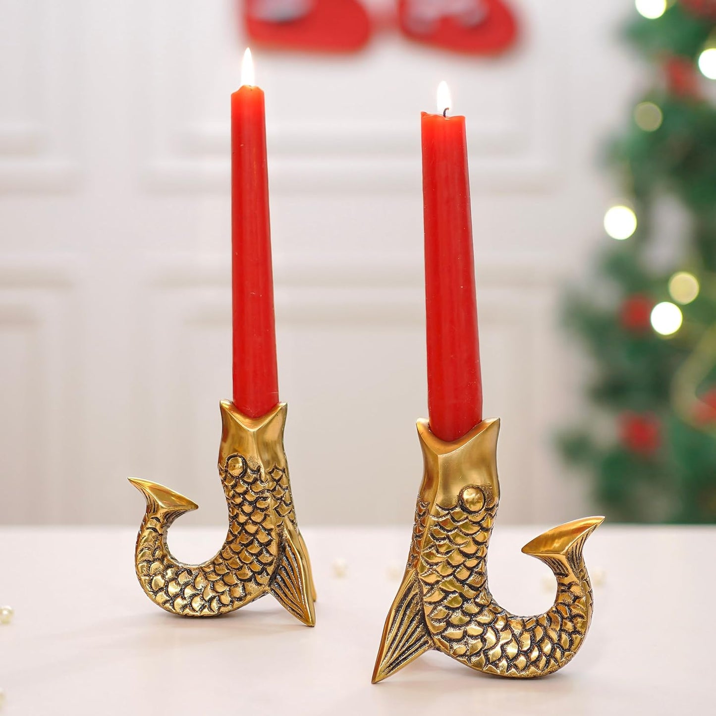 Elegant Antique Gold Fish Figurine Taper Candle Holder Set of 2 | Home Decor Tabletop Living Room Showpiece Gift