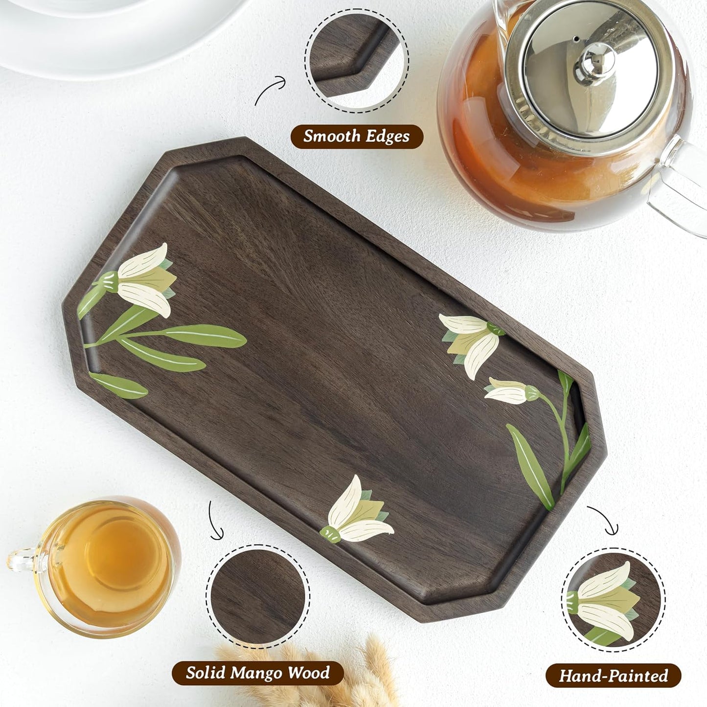 Artisan Handpainted Wooden Platter – Serving Tray – Mango Wood, Floral Design