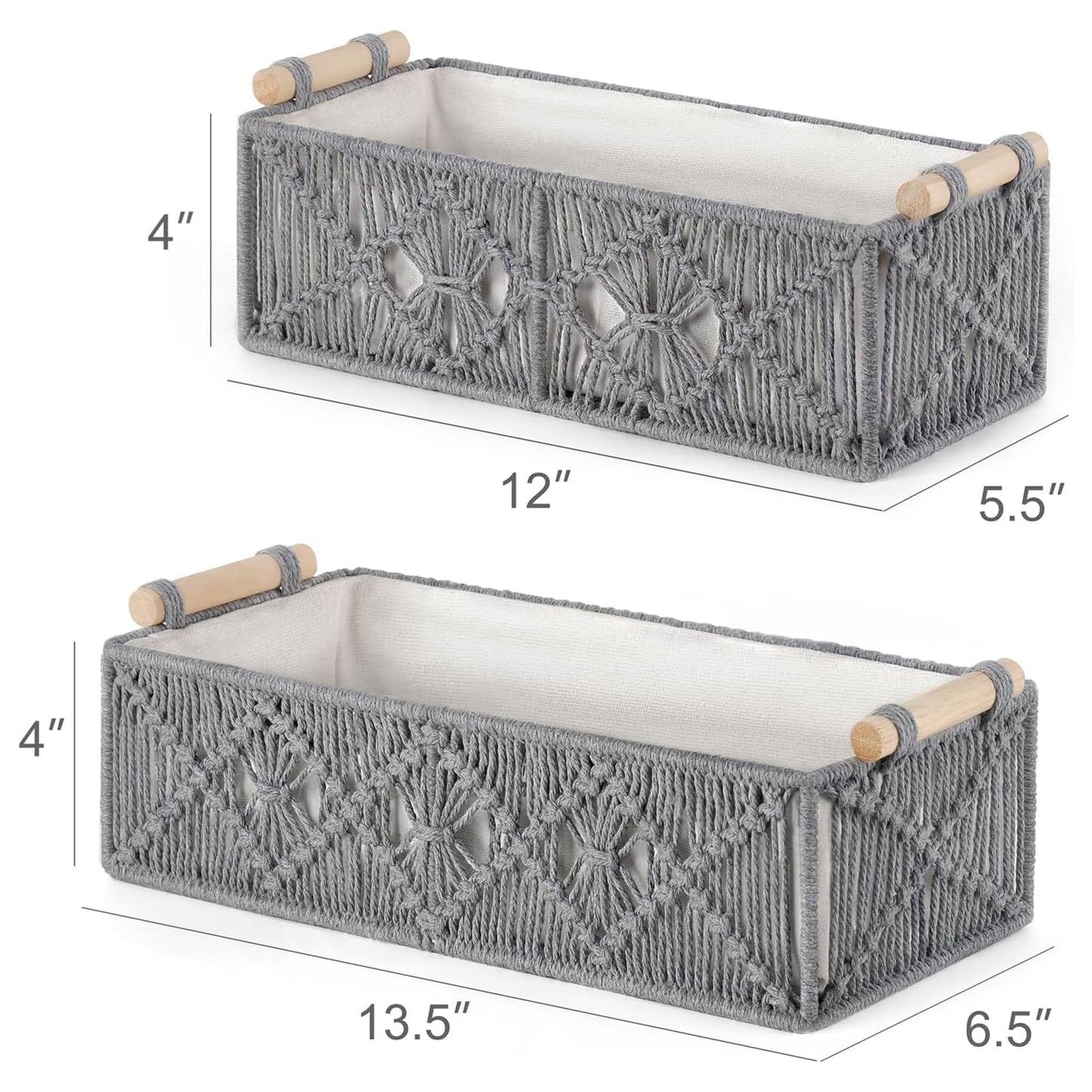 Woven Storage Baskets – Cotton Lined, Wood Handles – 2pc Set
