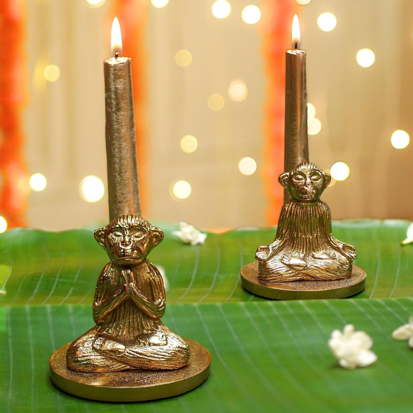 Antique Gold Yoga Monkey Aluminium Candle Holders Set of 2 | Decorative Home Decor, Festive Gift, Wedding, Anniversary, Diwali