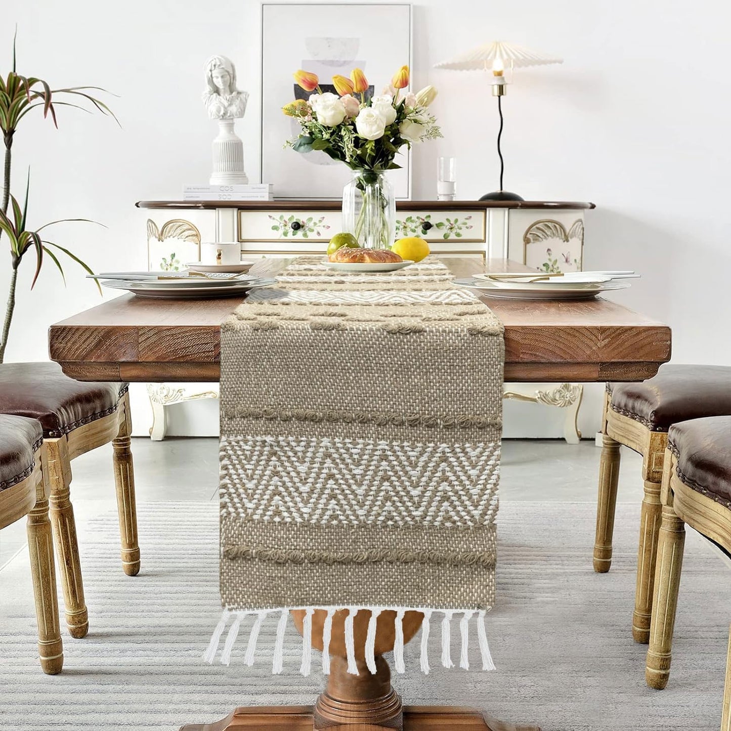 Elegant Woven Zig Zag Table Runner, Beige White Tassels, Cotton Jute Blend 13x74 Inch | Dining Table Decor, Centerpiece, Home Kitchen