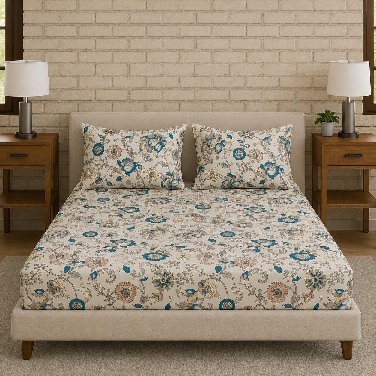 Bedsheet | 100% Cotton Elastic Fitted | King 78x72 inch, 3-Piece Pack | Printed