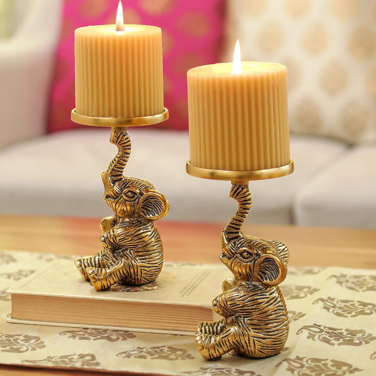 Elegant Gold Handcrafted Elephant Pillar Candle Holder Statue Set of 2 | Home Decor, Wedding, Christmas Gift, Tabletop Showpiece
