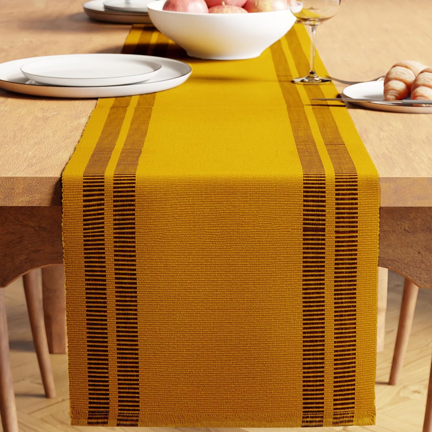 Modern Ladder Yellow Yarn Dyed Fine Ribbed Cotton Dining Table Runner 32x183 cm (4-6 Seater) | Kitchen Decor, Washable Table Linens