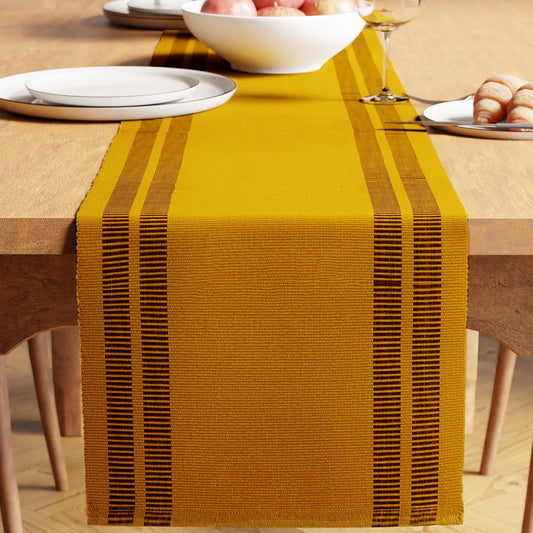 Modern Ladder Yellow Yarn Dyed Fine Ribbed Cotton Dining Table Runner 32x183 cm (4-6 Seater) | Kitchen Decor, Washable Table Linens