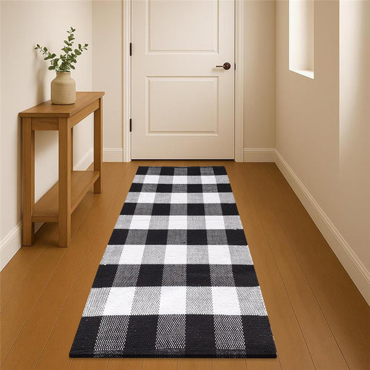 Buffalo Plaid Cotton Rug Runner - Hand Woven Washable Check Floor Mat (Black & White, 2x6 ft) | Farmhouse Entryway Kitchen Decor