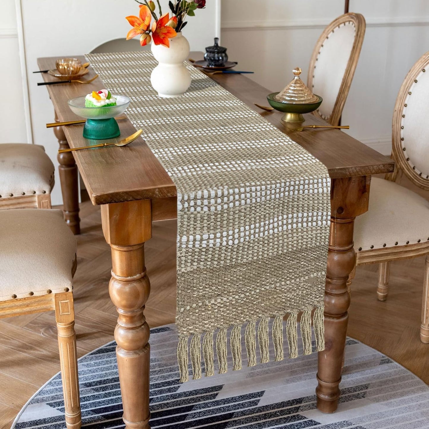 Luxe Elegant Beige White Woven Tassel Stripe Table Runner - Mix Cotton Jute 13x72 Inch | Dining Table Decor, Farmhouse