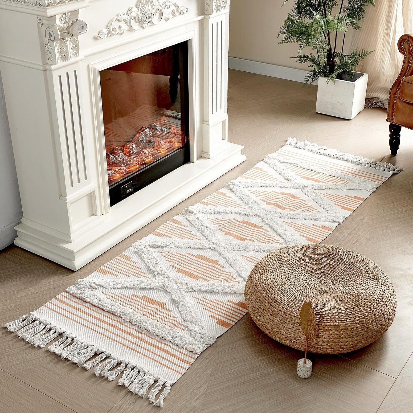 Hand Woven Rust Zigzag 100% Natural Cotton Rug Runner 2x5 ft (60x152 cm) | Washable Bedroom Living Room Floor Decor