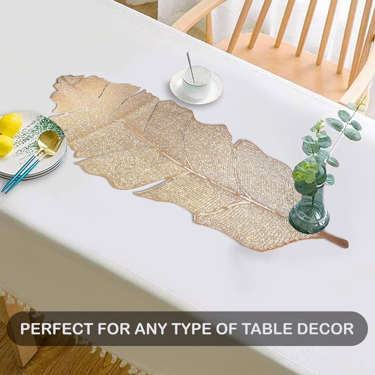 Elegant Formal Golden Leather Leaf Pattern Table Runner 92x34 cm | Durable Dining Table Decor, Home Kitchen