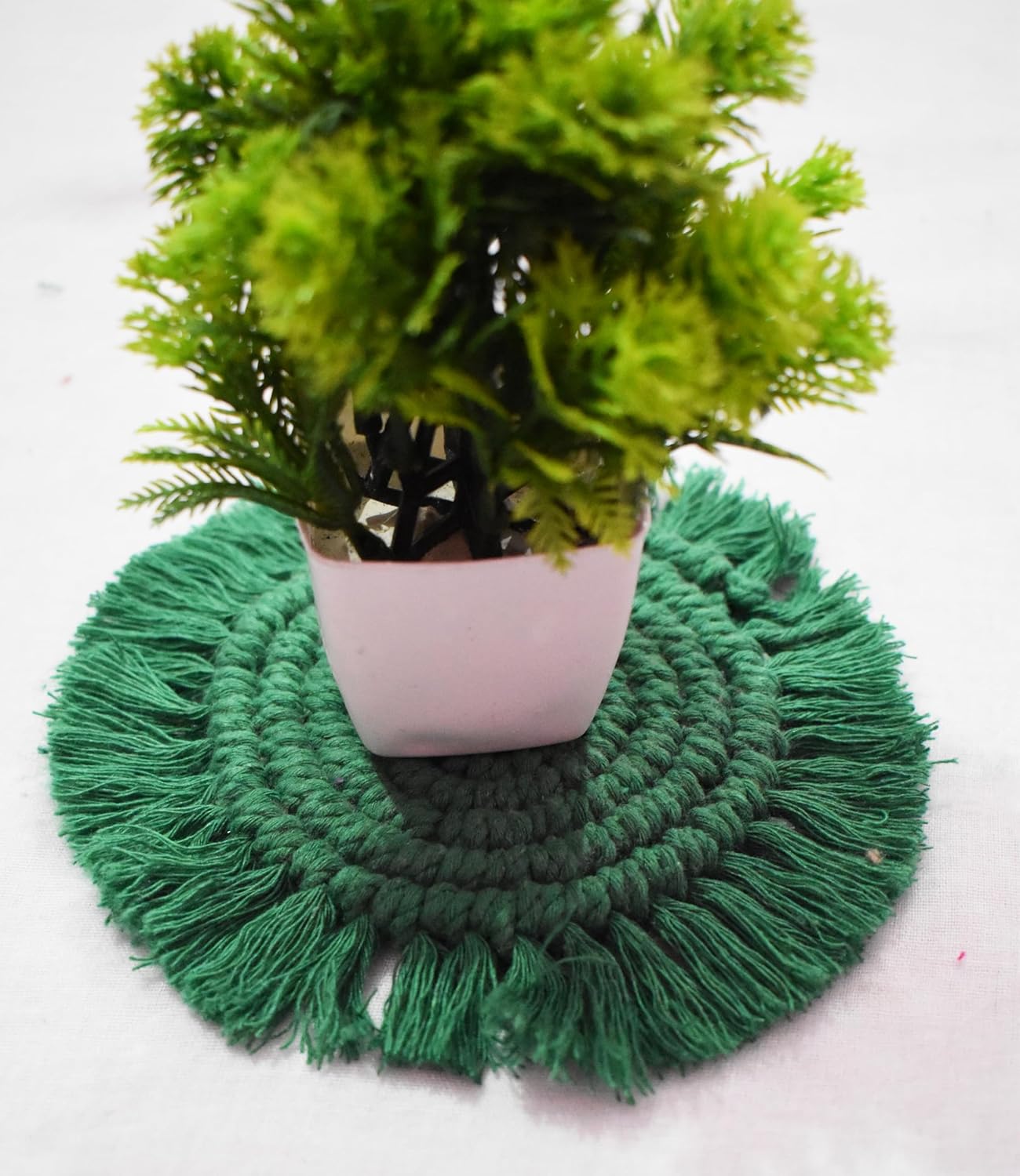 Green Macrame Handwoven Cotton Coaster Set – 6" Diameter, 2-Pack
