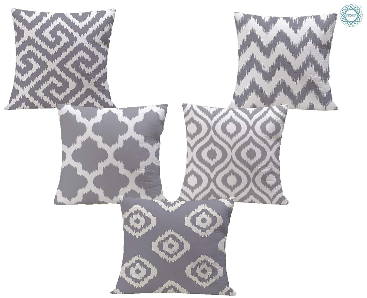 Elegant Grey & White Ikat Geometric Polycotton Cushion Covers Set of 5 (16x16) | Sofa & Living Room Decor, Throw Pillow Covers