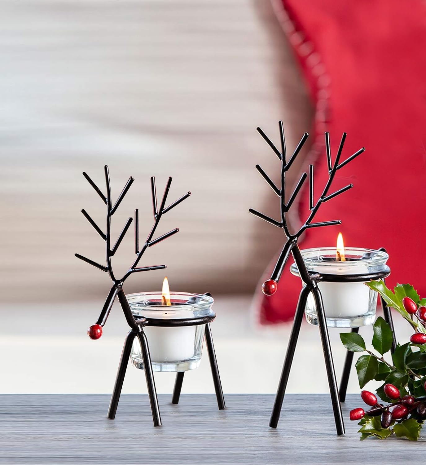 Elegant Christmas Reindeer Tealight Candle Holders, Iron with Glass | Set of 2 Festive Home Decor Gifts