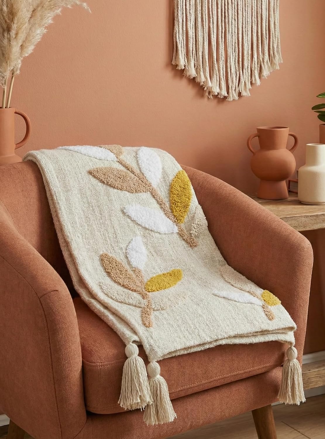 Hand Tufted Cotton Sofa Throw & Cushion Set – Coordinated 3-Piece Decor – 50x60" Throw, 2x 16x16" Covers