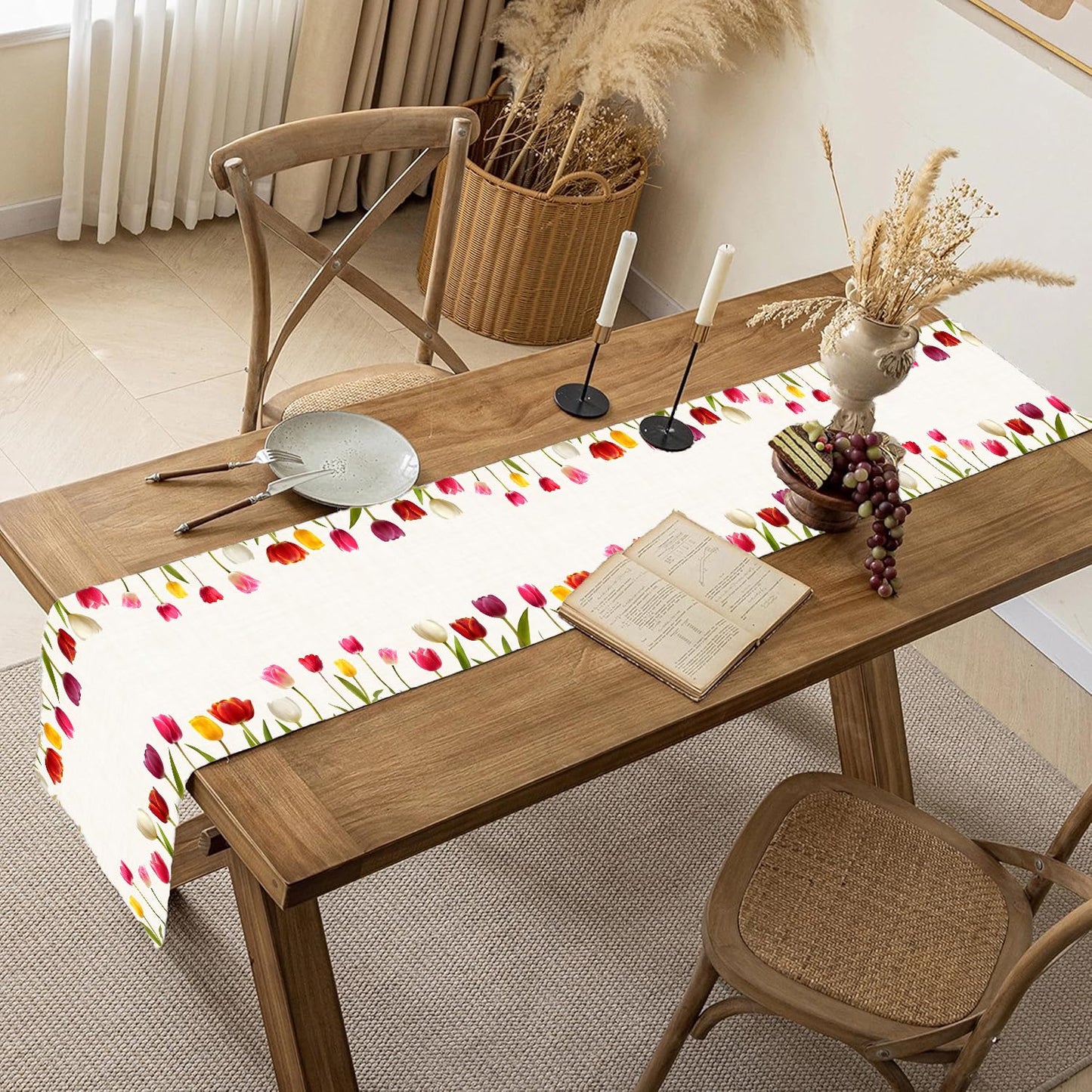 Premium Elegant Blooming Tulip Table Runner – Soft European Fabric, Machine Washable (13x72 Inch) | Dining Table Decor, Kitchen Linen