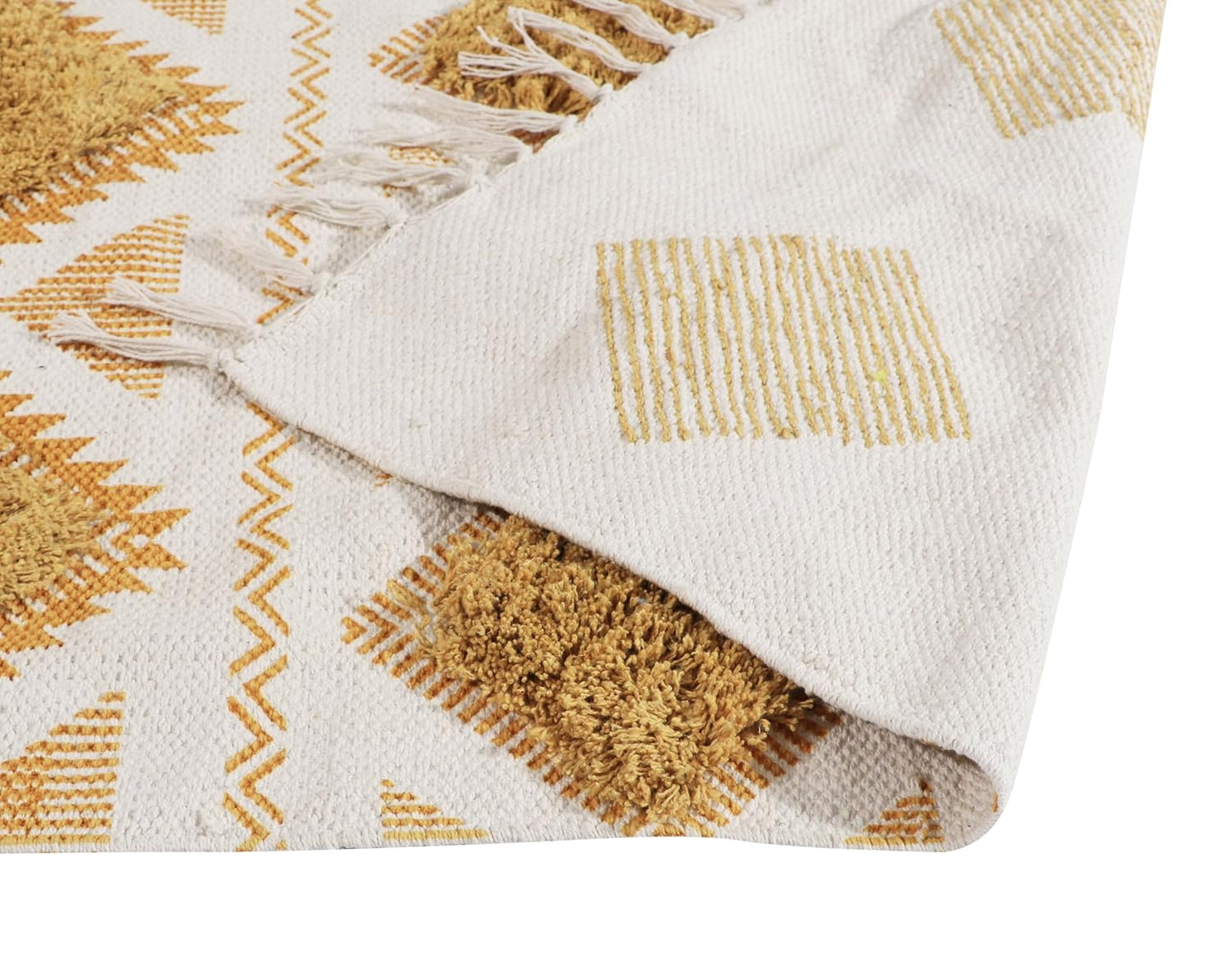 Hand Woven Tufted Cotton Rug Runner 2x5 ft (White/Yellow) | Modern Designer Carpet for Bedroom, Living Room Decor