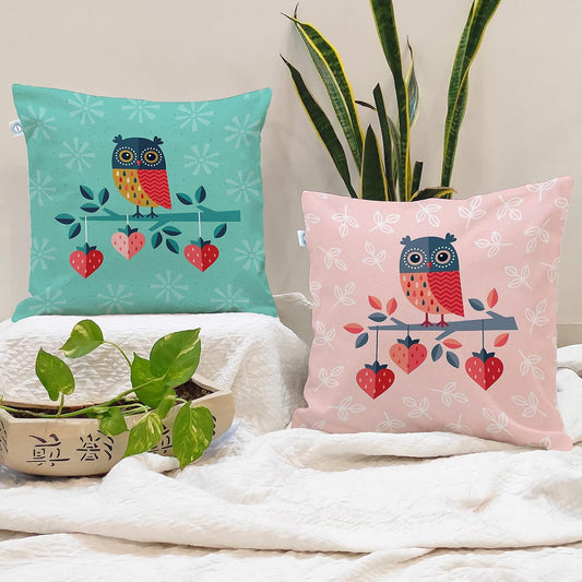 Set of 2 Polycotton Cushion Covers 18x18 – Cute Owl & Heart Print Pink Teal | Kids Room Sofa Pillow Decor