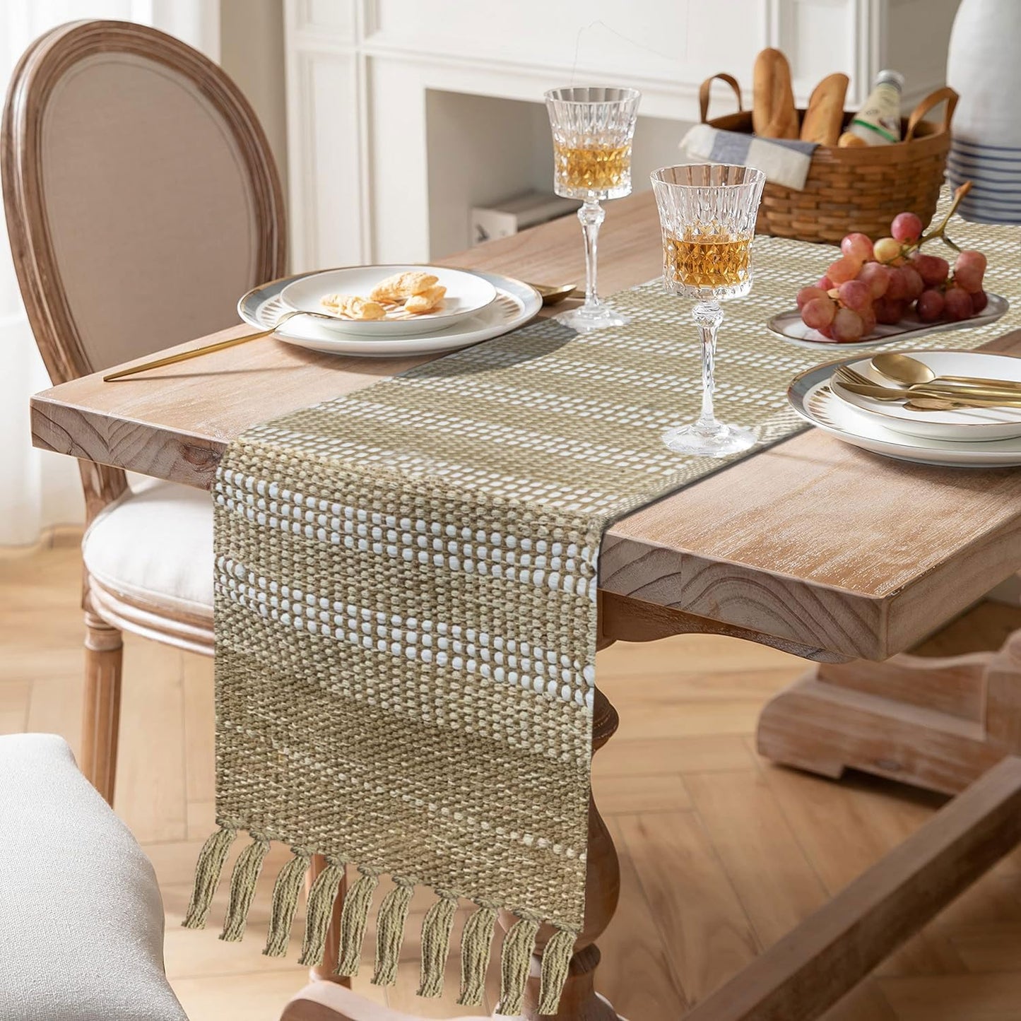 Luxe Elegant Beige White Woven Tassel Stripe Table Runner - Mix Cotton Jute 13x72 Inch | Dining Table Decor, Farmhouse
