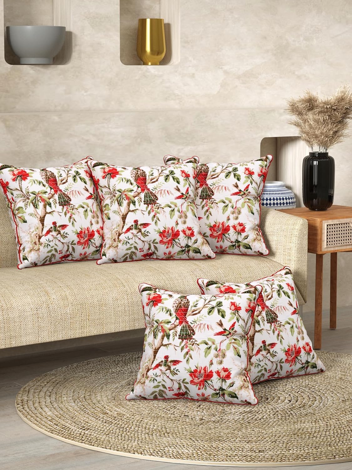 Hand Block Printed Floral Cotton Cushion Covers Set of 2, 16x16 inch | Decorative Sofa, Bed, Chair Home Decor Gift