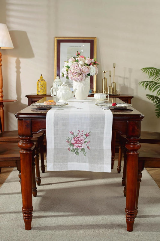 Attractive Linen Embroidery Design Pink Table Runner (15x33 Inches) | Dining Center Table Decor Home Linen
