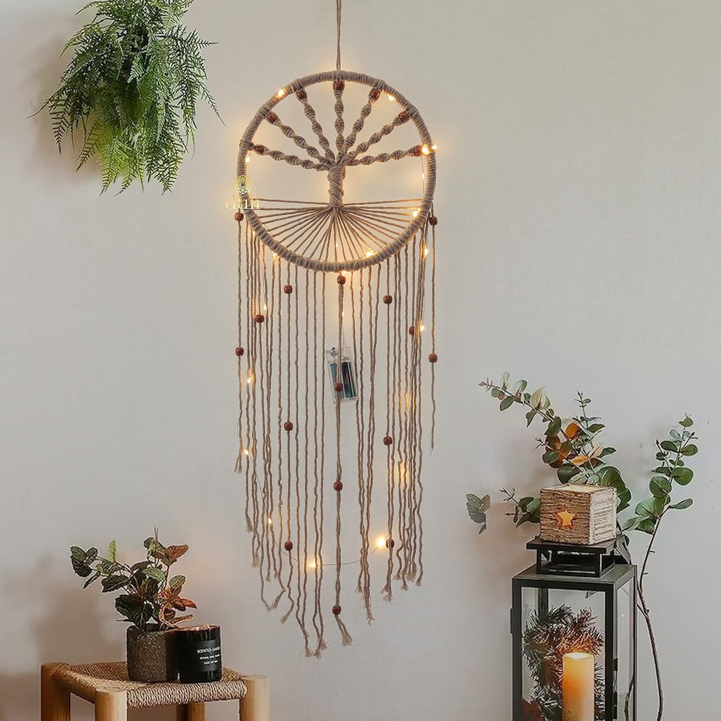 Artisan Macrame Wall Hanging – Tree of Life Motif – LED Illuminated Cotton – 76cm