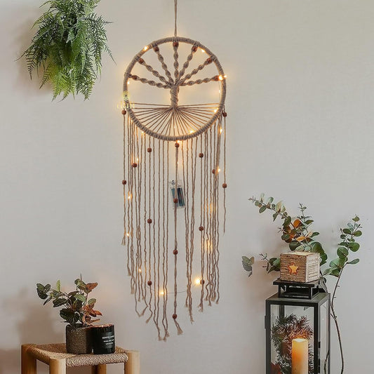Artisan Macrame Wall Hanging – Tree of Life Motif – LED Illuminated Cotton – 76cm