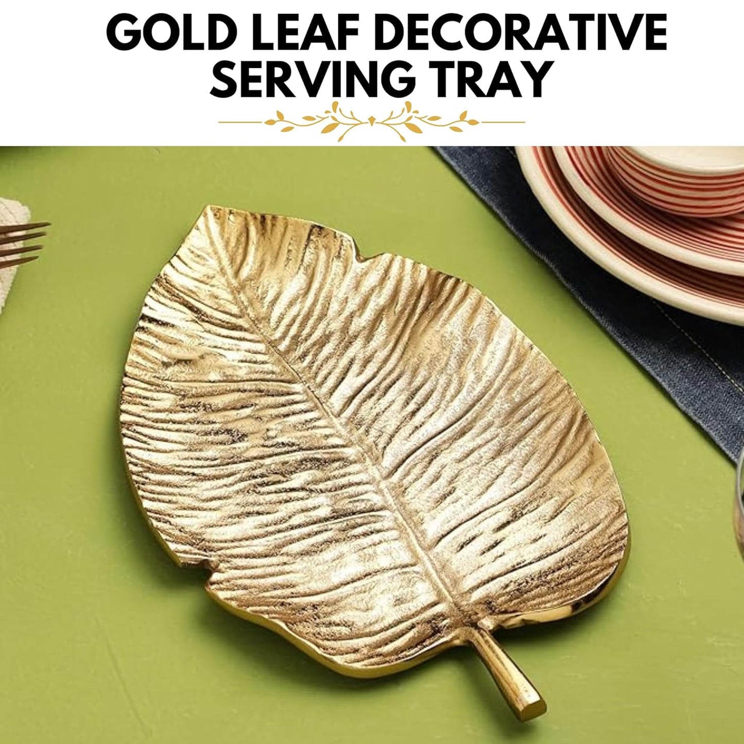 Plateau de service décoratif à la feuille d'or – Plat multi-usages – Motif feuille d'or – Unité