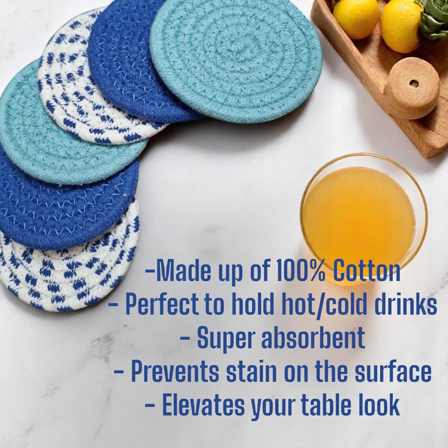 Teal Blue Cotton Round Absorbent Drink Coasters (Set of 6, 10cm) | Table Mats for Hot & Cold Drinks, Kitchen, Dining