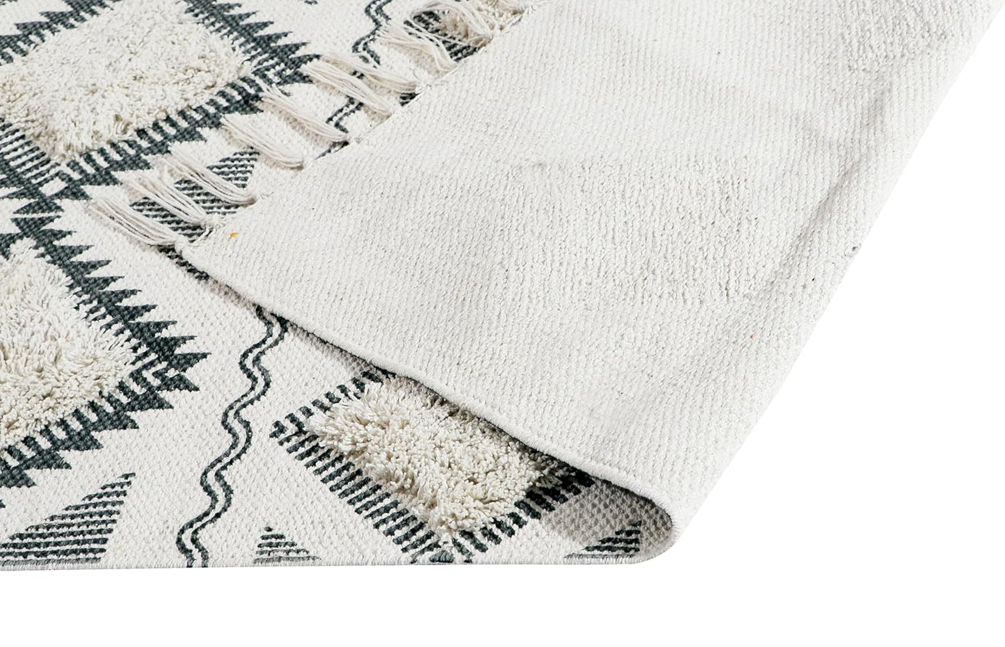 Hand Woven Tufted Black & Natural White 100% Cotton Rug Runner 2x5 Feet | Premium Bedroom Living Room Hallway Decor