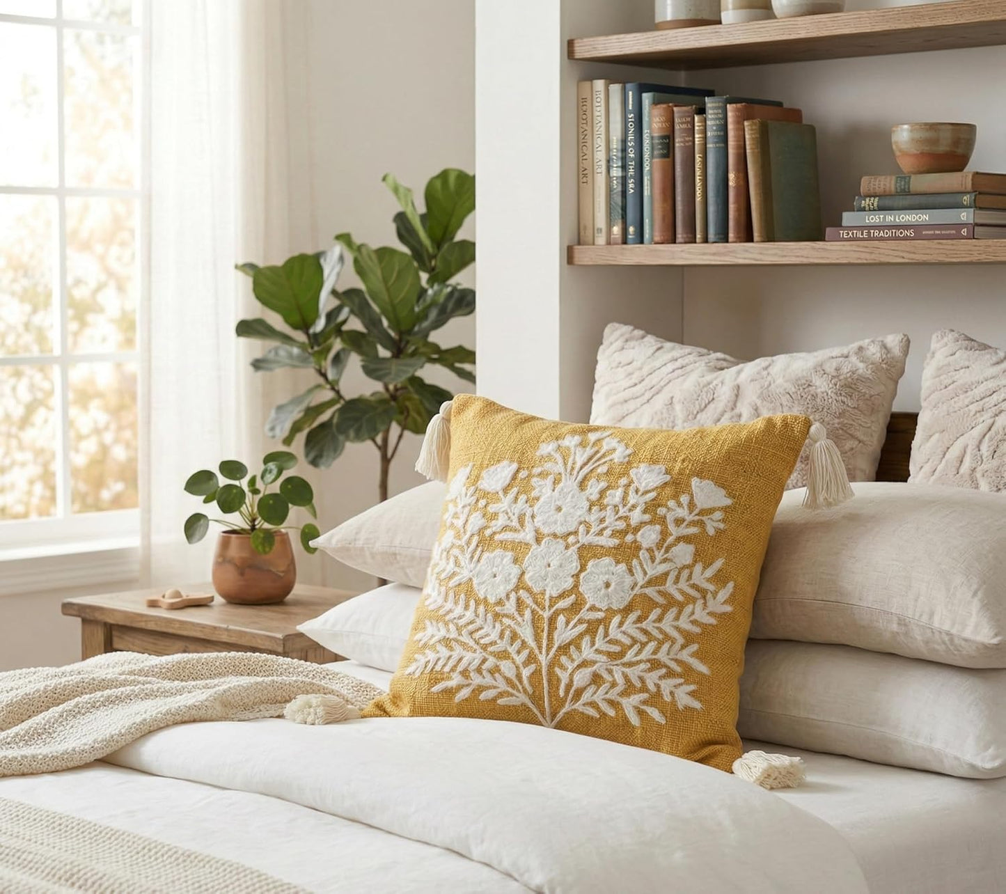 Embroidered Slub Cotton Cushion Cover – Decorative Pillow Case – Tufted Tassels – 16x16 Inch / 40x40 cm
