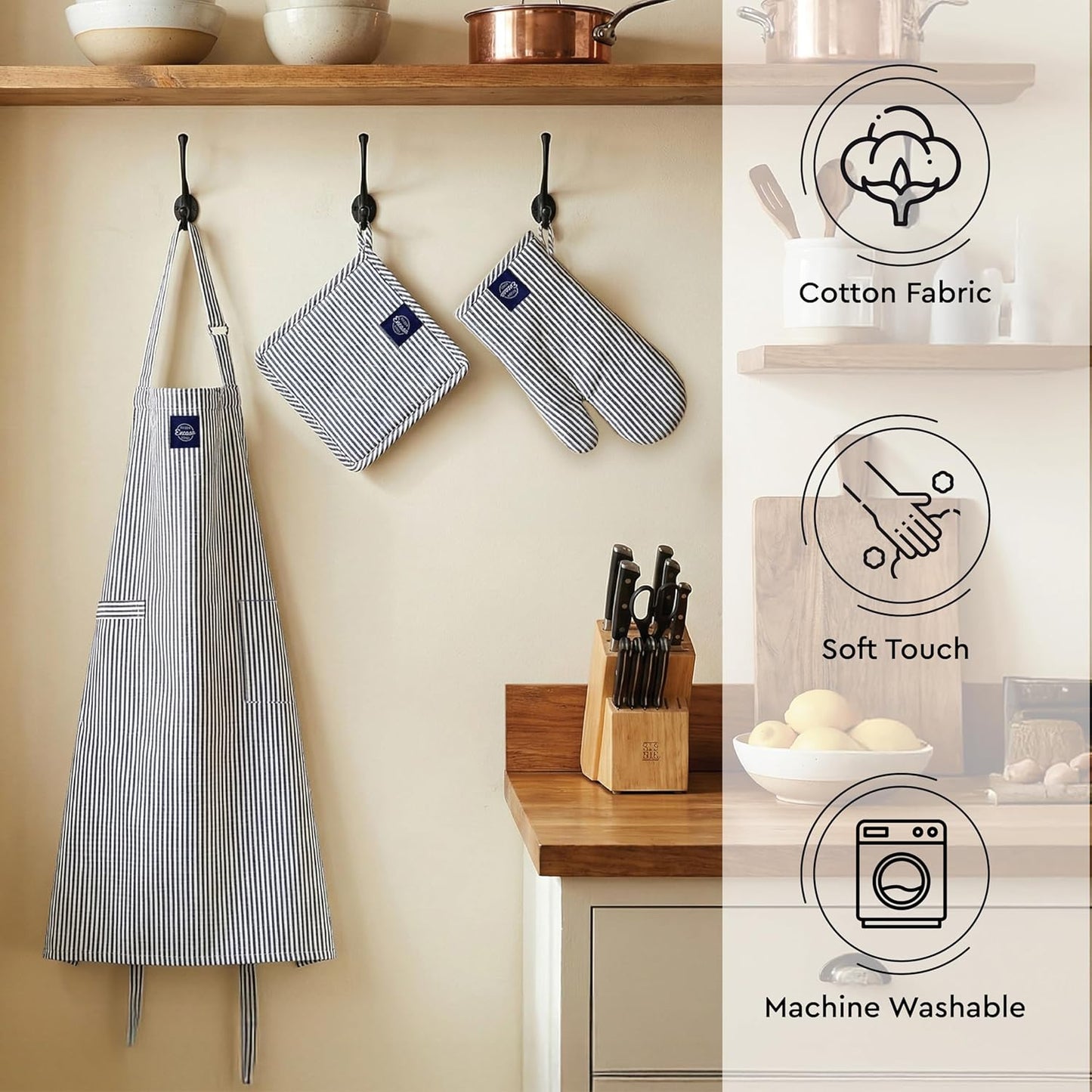 Kitchen Apron Set – 100% Cotton Cooking Combo – Adjustable Fit, Heat Resistant – 3-Piece