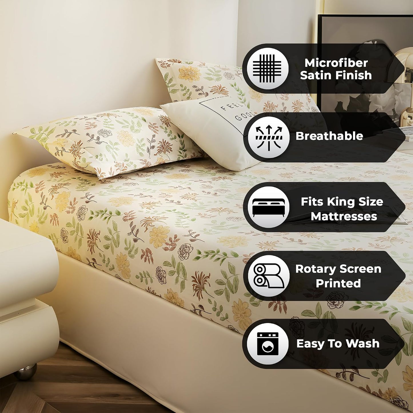 Bedsheet | Cloud Cotton Elastic Fitted | King Size 72 x 78in, 3-Piece, Floral