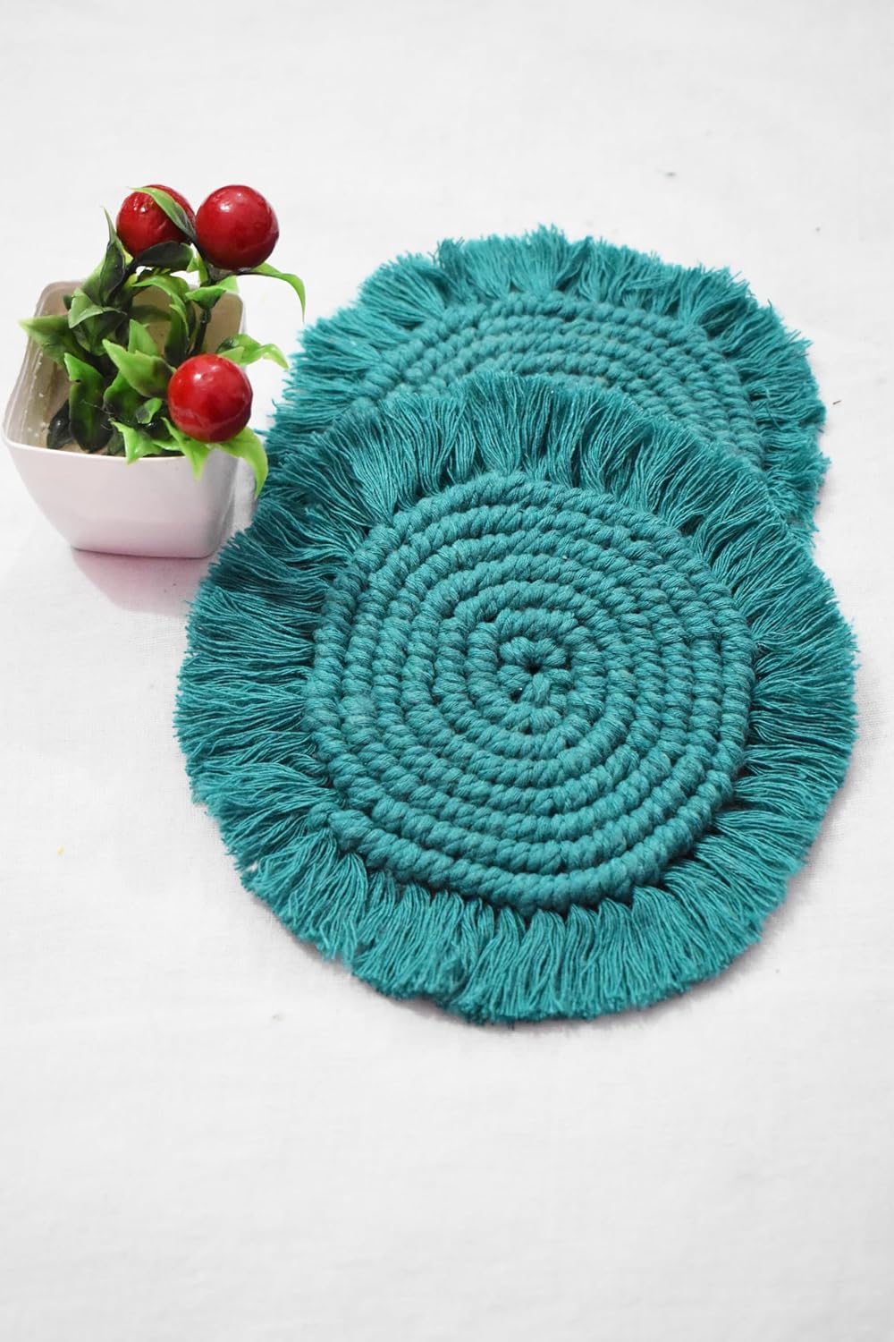 Forest Green Macrame Handwoven Cotton Coaster Set – 6" Diameter, 2-Pack