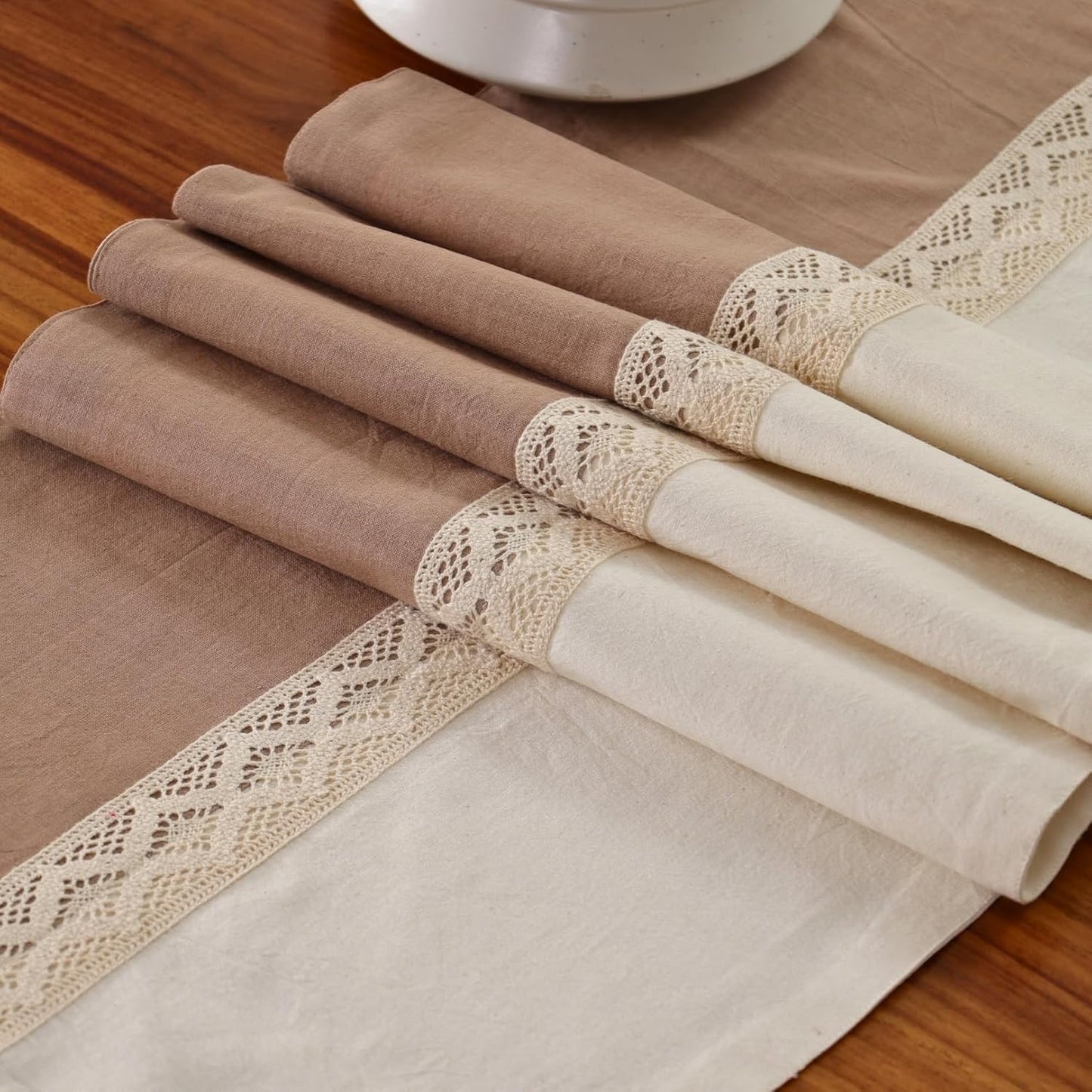 Handcrafted Cotton Table Runner – Dining Linen – Taupe & Off-White – 14x60 Single