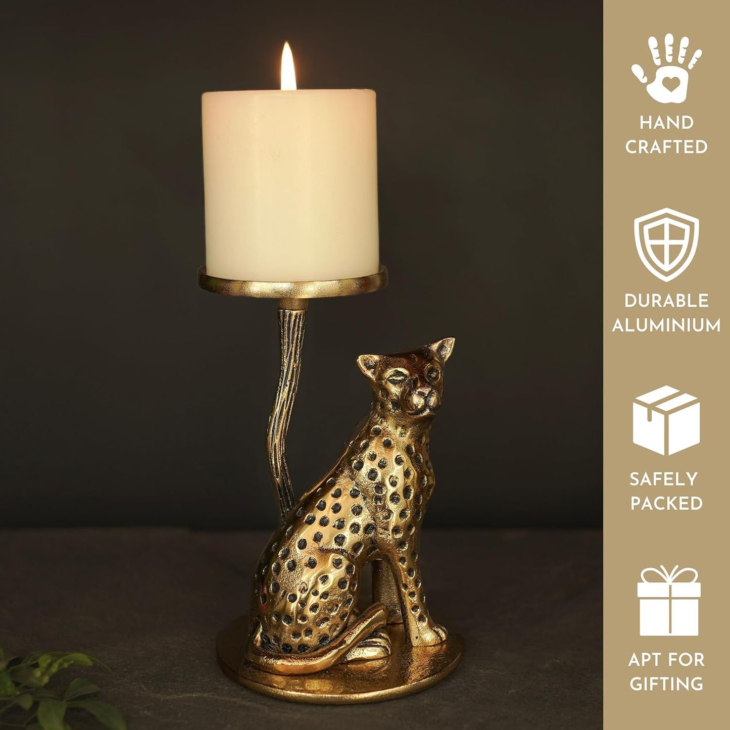 Artistic Aluminium Brass Finish Jaguar Pillar Candle Holder Statue | Tabletop Home Decor, Good Luck Gift