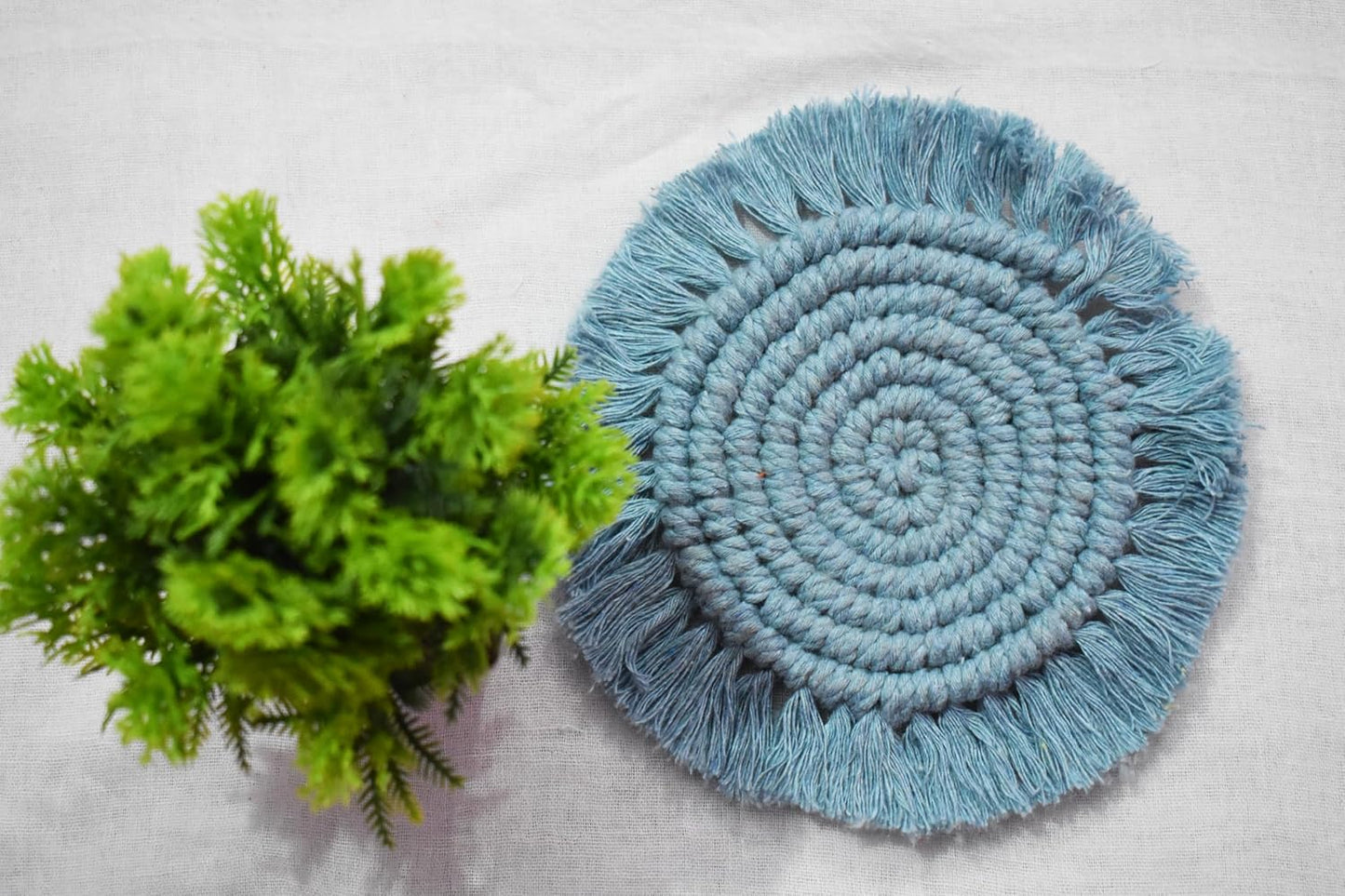Light Blue Macrame Handwoven Cotton Coaster Set – 6" Diameter, 2-Pack