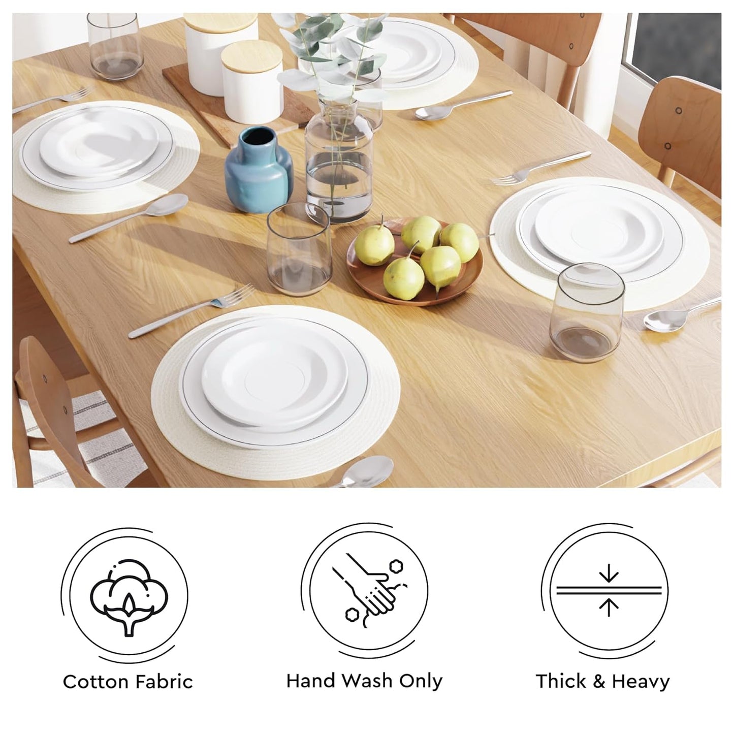 Off White Ribbed Heat-Resistant Washable Cotton Table Mats Set of 4, 32cm Round | Dining Placemats, Non-Slip Tablemate