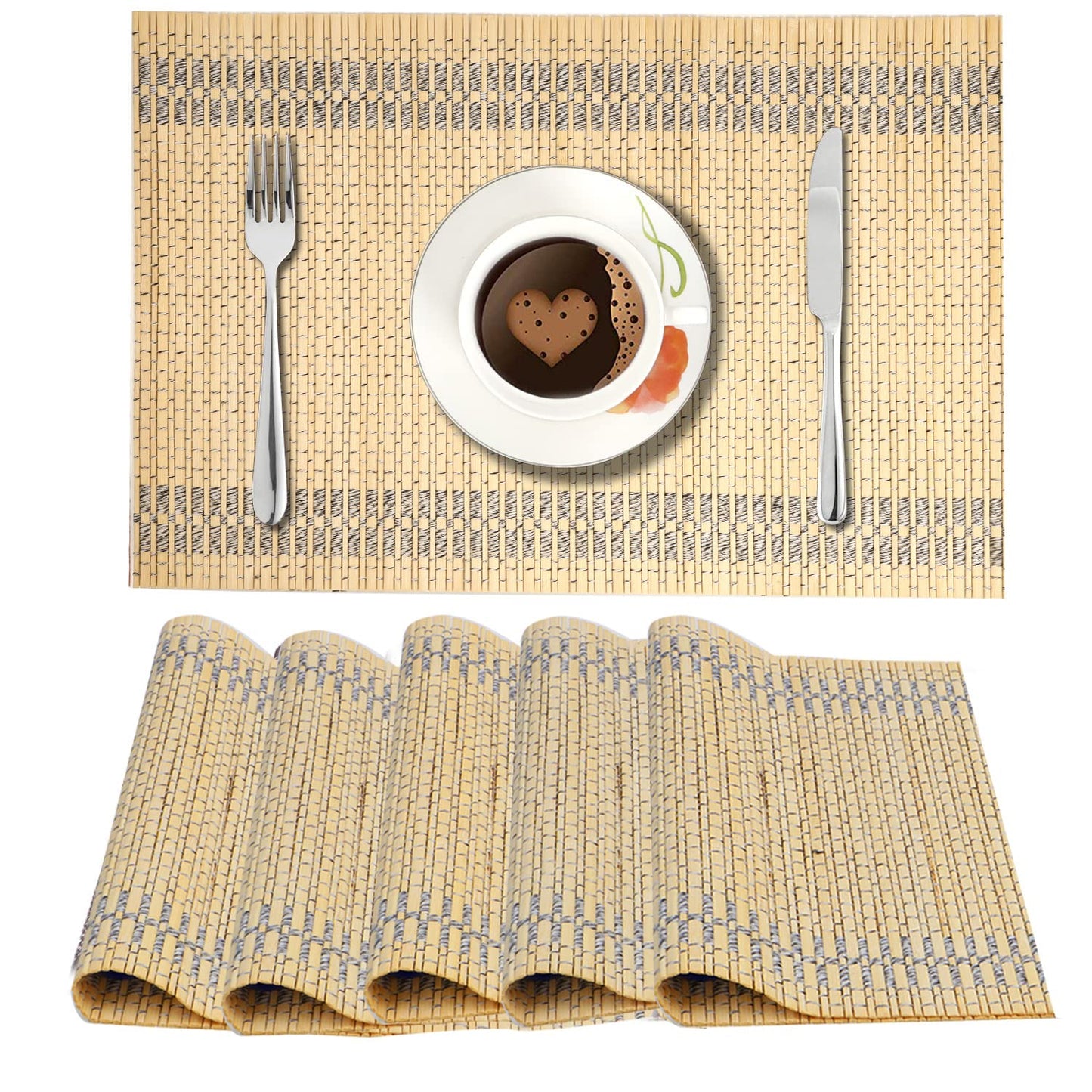 Reversible Bamboo Heat Resistant Placemats Set of 6, 45x30 cm | Easy Clean Dining Table Mats, Wooden Table Mats