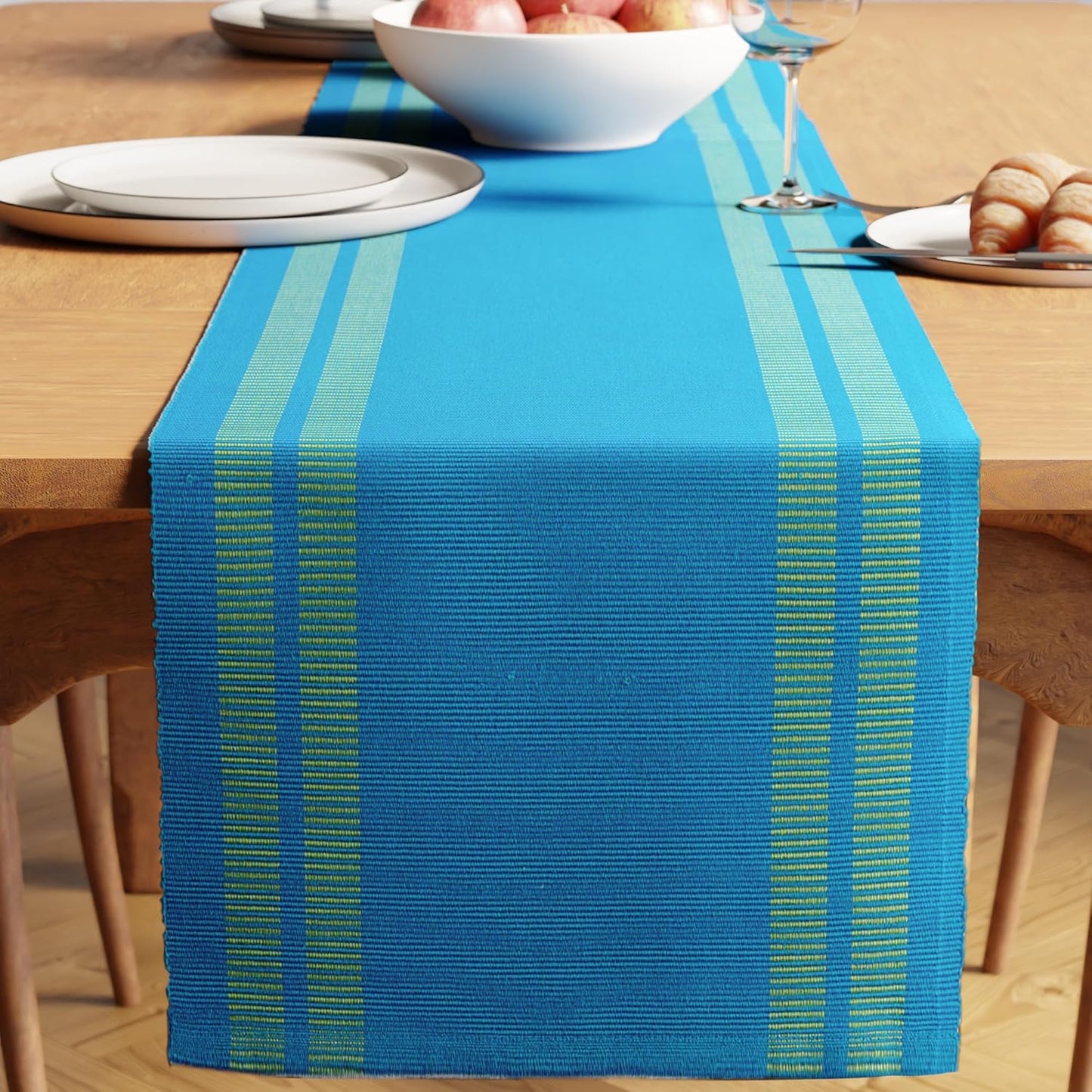Modern Ladder Turq Blue Dining Table Runner, Yarn Dyed Fine Ribbed Cotton, 32x183 cm for 4-6 Seater | Machine Washable Kitchen Decor
