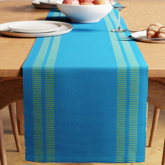 Modern Ladder Turq Blue Dining Table Runner, Yarn Dyed Fine Ribbed Cotton, 32x183 cm for 4-6 Seater | Machine Washable Kitchen Decor