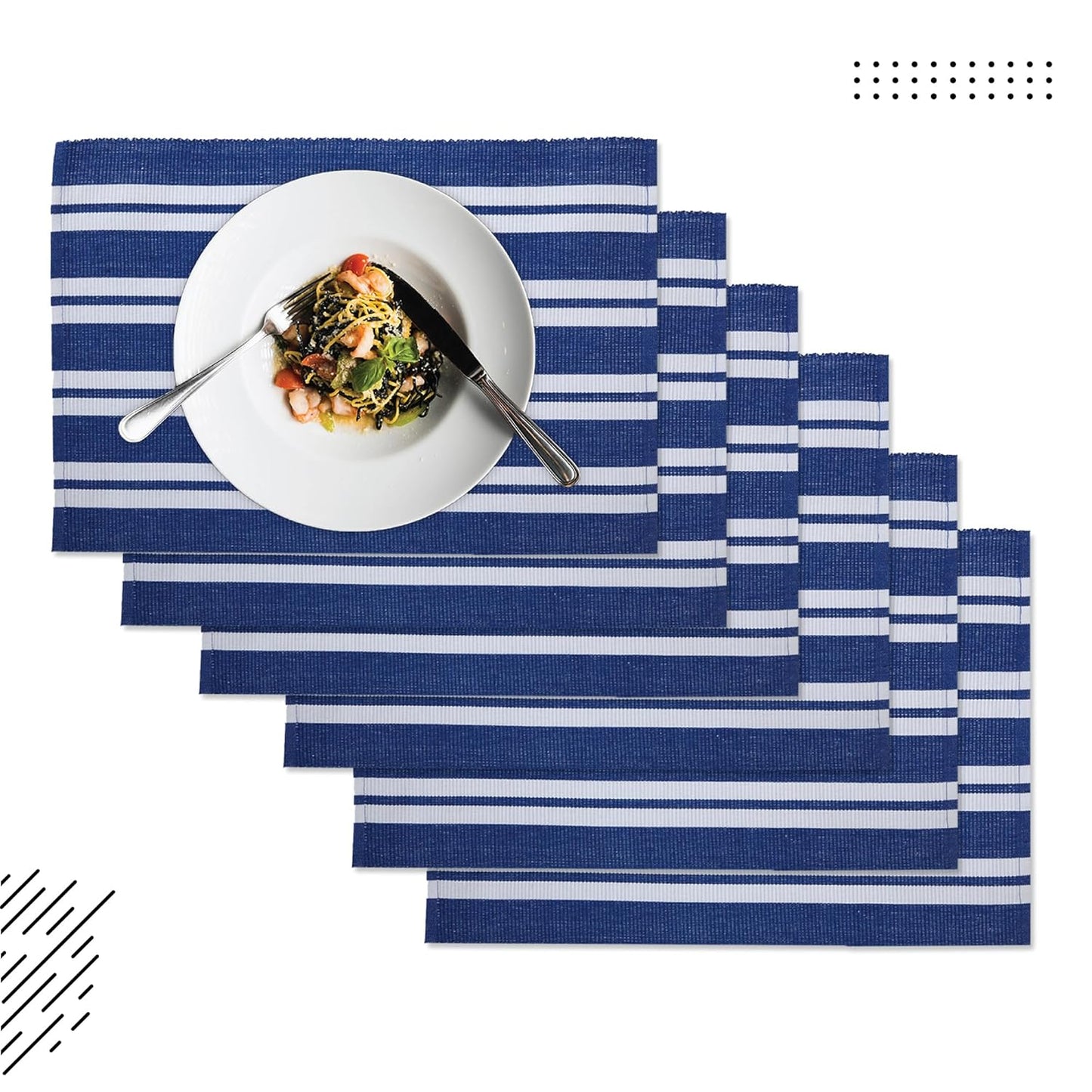 Franca Blue Stripes Ribbed Cotton Dining Table Mats Set of 6, 48x32 cm | Heat-Resistant Washable Placemats